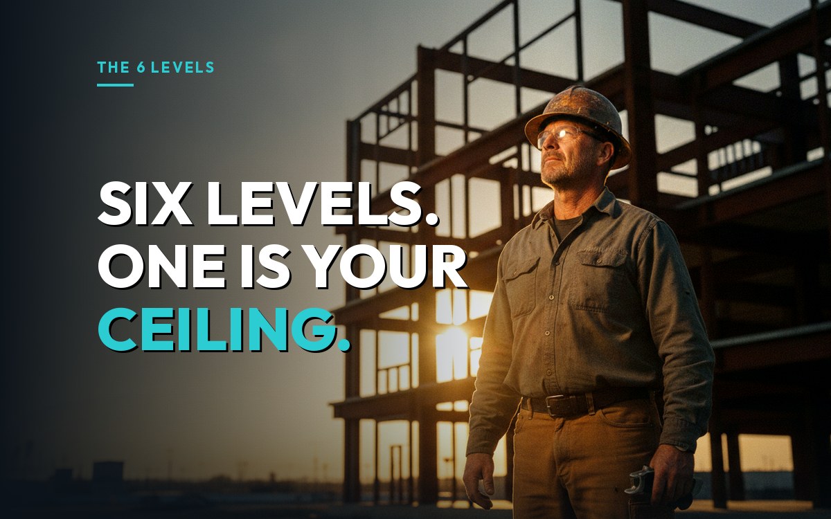 A contractor in a hard hat looks up at a partially framed steel building, over the headline "Six levels. One is your ceiling."