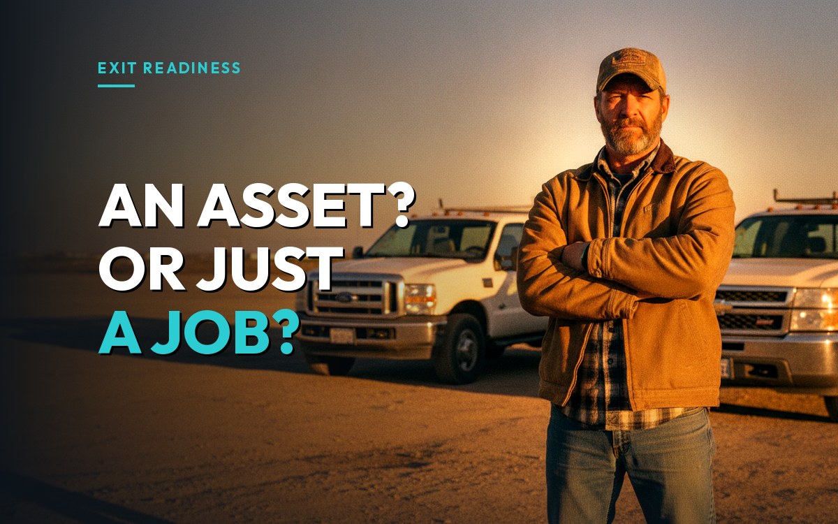 A contractor stands between two work trucks at golden hour with arms crossed, over the headline "An asset? Or just a job?"
