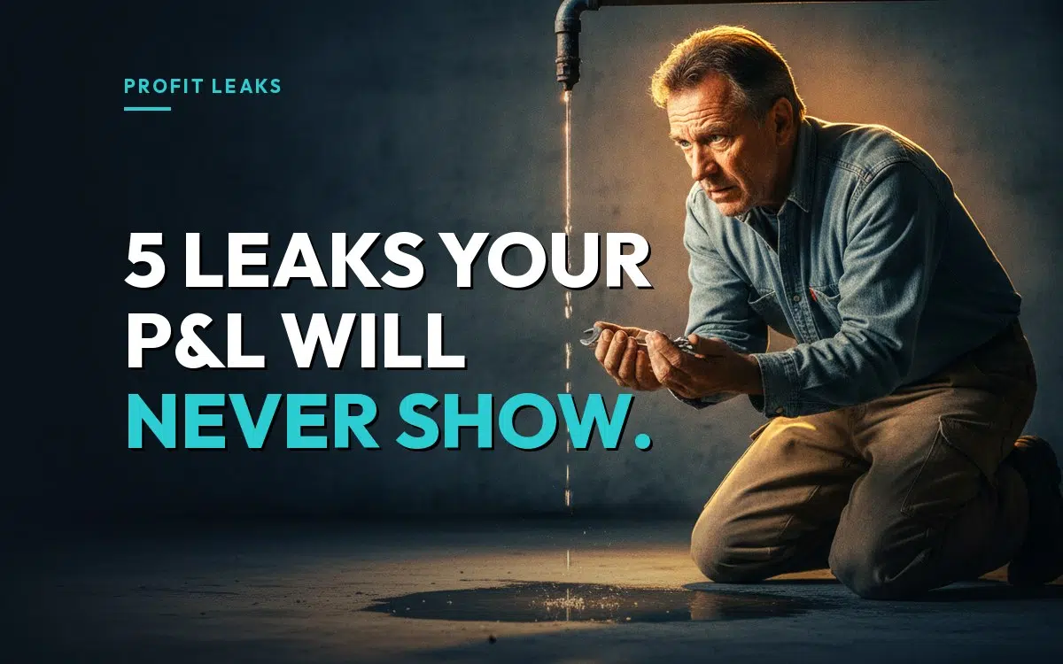 A contractor kneels on a shop floor watching a slow drip from a pipe joint, over the headline "5 leaks your P&L will never show."