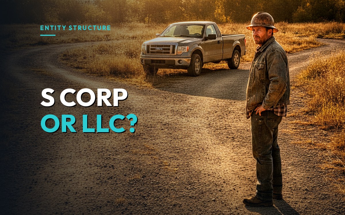 A contractor stands at a fork in a gravel job-site road weighing two directions, over the headline "S Corp or LLC?"