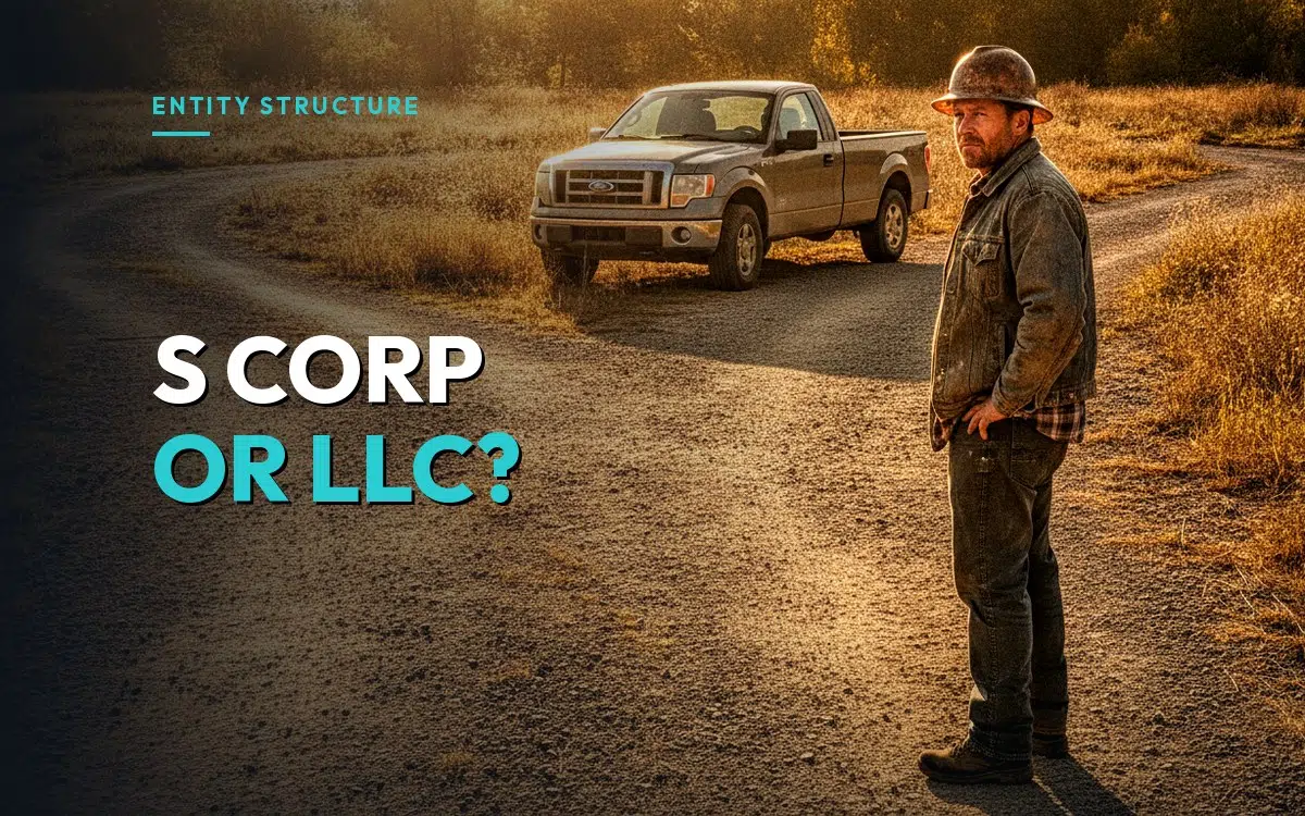 A contractor stands at a fork in a gravel job-site road weighing two directions, over the headline "S Corp or LLC?"
