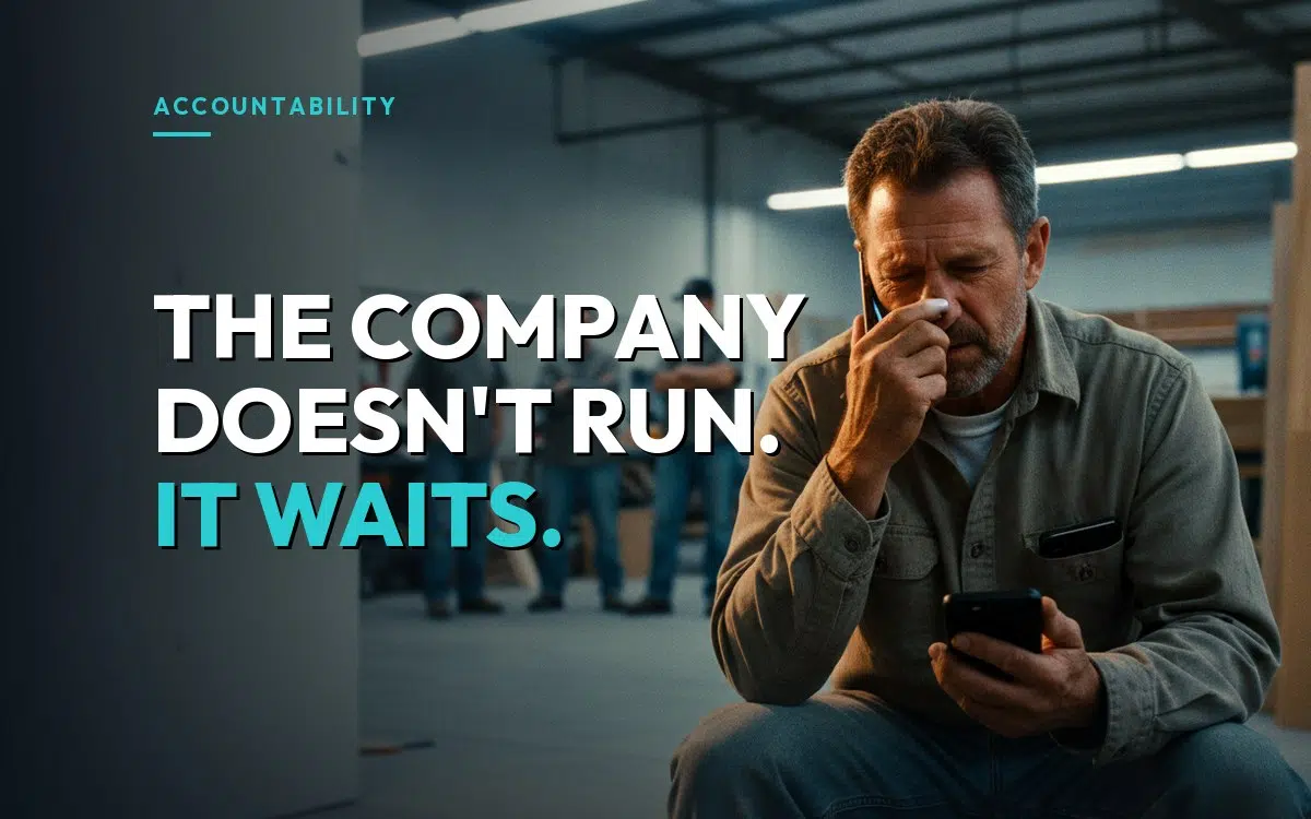 An overwhelmed contractor on the phone while his crew waits idle behind him, over the headline "The company doesn't run. It waits."
