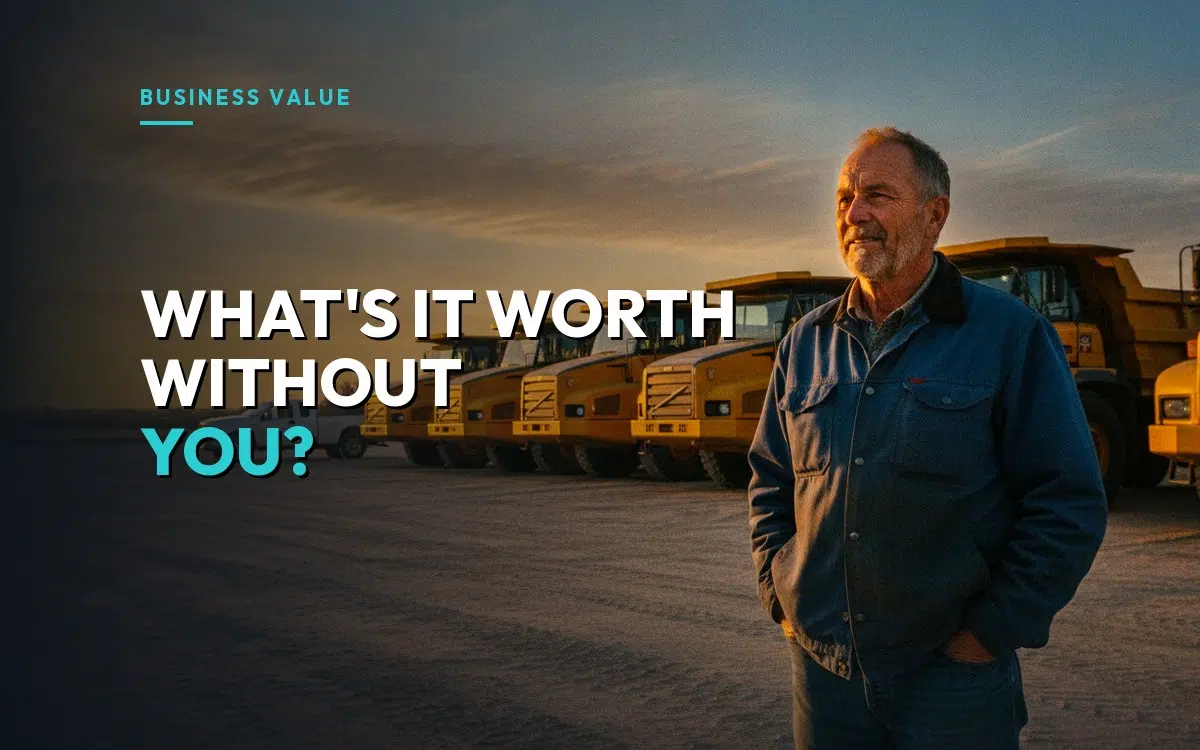 An older contractor looks out over his row of work trucks at sunrise, over the headline "What's it worth without you?"