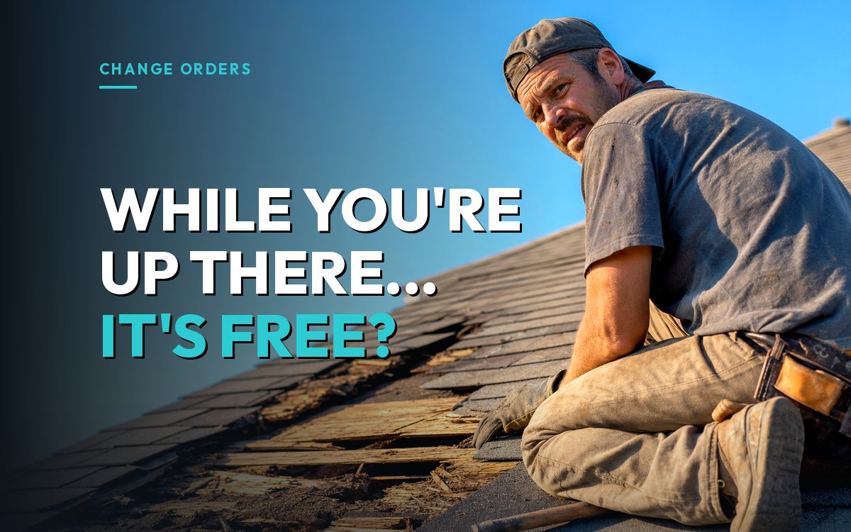 Roofer kneeling next to rotted roof decking, looking back uneasily before agreeing to extra work without a change order