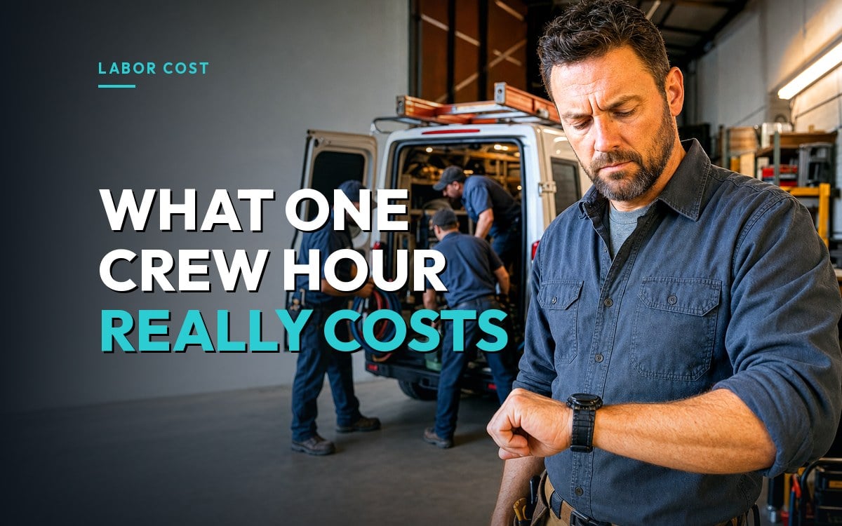 HVAC contractor checking his watch while technicians load a service van, thinking about what one crew hour really costs